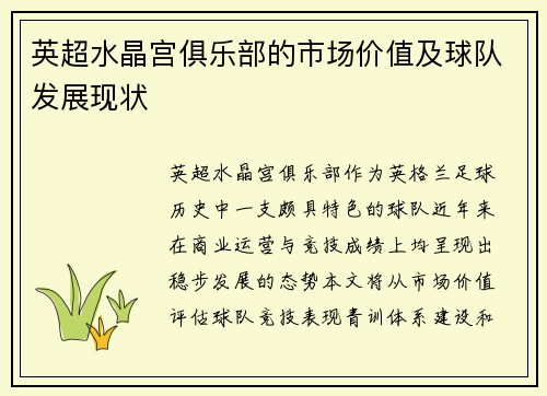 英超水晶宫俱乐部的市场价值及球队发展现状