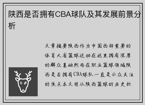 陕西是否拥有CBA球队及其发展前景分析