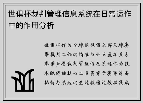 世俱杯裁判管理信息系统在日常运作中的作用分析